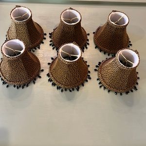 Six Leopard print chandelier shades with black beaded trim